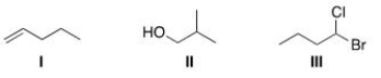 How many unique protons are present in each of the following compounds?   A) I = 6; II = 3; III = 6. B) I = 5; II = 4; III = 6. C) I = 6; II = 4; III = 4. D) I = 6; II = 4; III = 6.