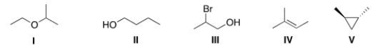 How many different kinds of protons are present in each of the following molecules?   A) I = 3; II = 5; III = 5; IV = 4; V = 3. B) I = 4; II = 5; III = 4; IV = 4; V = 3. C) I = 4; II = 5; III = 5; IV = 4; V = 3. D) I = 4; II = 5; III = 5; IV = 3; V = 4.