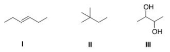 How many different kinds of protons are present in each of the following compounds?   A) I = 2; II = 3; III = 4. B) I = 2; II = 3; III = 3. C) I = 3; II = 3; III = 3. D) I = 3; II = 3; III = 4.