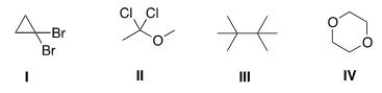 Which of the following compounds does not show only one signal in its <sup>1</sup>H NMR spectrum?   A) I B) II C) III D) IV