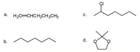 For each of the following compounds, indicate how many <sup>13</sup>C NMR signals will be observed.   A) a: 4; b: 4; c: 7; d: 4 B) a: 5; b: 4; c: 7; d: 3 C) a: 4; b: 7; c: 7; d: 3 D) a: 5; b: 4; c: 6; d: 5
