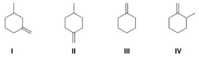 Which of the following compounds would give rise to a <sup>13</sup>C spectrum with 6 peaks?   A) I B) II C) III D) IV