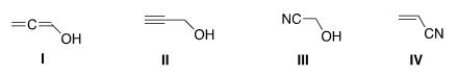 <sup> </sup>Which of the following structures is consistent with a compound that displays a molecular ion peak at 56 and infrared signals at 2250 and 3600-3200 cm<sup>-1</sup>?   A) I B) II C) III D) IV