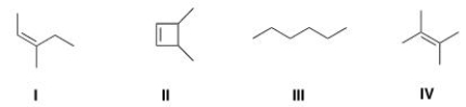 <sup> </sup>Which of the following structures is consistent with a compound that displays a molecular ion peak at 84 and infrared signals at 3000-2850 cm<sup>-1</sup> and no signals between 3000-3300 cm<sup>-1</sup>?   A) I B) II C) III D) IV
