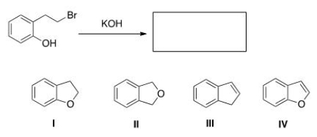 <sup> </sup>When the phenol shown below is treated with KOH, it forms a product whose IR spectrum does not show an absorption in the 3200-3600 cm<sup>-1</sup> region.Propose a structure for the product.   A) I B) II C) III D) IV