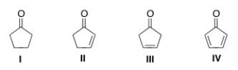 Which of the following compounds will have the lowest wavenumber for carbonyl absorption?   A) I B) II C) III D) IV