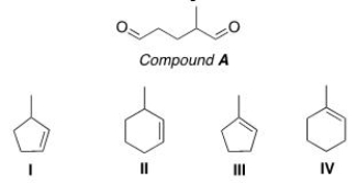 <sup> </sup>After ozonolysis and treatment of the unstable ozonide with CH<sub>3</sub>SCH<sub>3</sub>, compound A was converted to the compound below.What is the structure of compound A?   A) I B) II C) III D) IV
