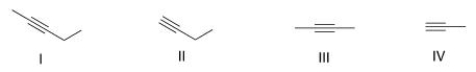 Which of the following represents an internal alkyne?   A) Only I and II B) Only I and III C) Only II and IV D) Only II and III