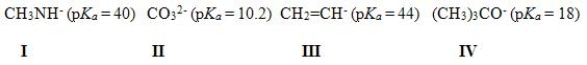 <sup> </sup>Which of the following bases can deprotonate acetylene? You are given the pK<sub>a</sub> values of the conjugate acids in parentheses.   A) Only I and II B) Only I and III C) Only II and III D) Only II and IV