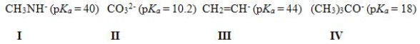 <sup> </sup>Which of the following bases cannot deprotonate acetylene? You are given the pK<sub>a</sub> values of the conjugate acids in parentheses.   A) Only I and II B) Only I and III C) Only II and III D) Only II and IV