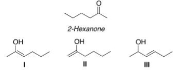 Which of the following compounds is a tautomer of 2-hexanone?   A) Only I and II B) Only I and III C) Only II and III D) I, II, and III