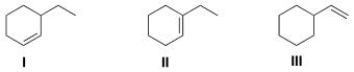 Rank the following compounds in order of decreasing stability, putting the most stable first.   A) I > II > III B) II > I > III C) III > II > I D) III > I > II
