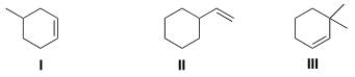 <sup> </sup>Which of the following alkenes will undergo a carbocation rearrangement when reacting with H<sub>2</sub>O in the presence of a small amount of H<sub>2</sub>SO<sub>4</sub>?   A) Only I and II B) Only I and III C) Only II and III D) I, II, and III