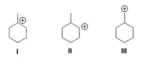 Rank the carbocation in order of increasing stability, putting the least stable first.   A) III < I < II B) III < II < I C) I < II < III D) I < III < II