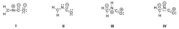 Which is not an acceptable Lewis structure for the anion CH<sub>2</sub>NCO<sup>-</sup>?   A) I B) II C) III D) IV