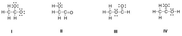 Which is the correct Lewis structure for acetic acid (CH<sub>3</sub>CO<sub>2</sub>H) ?   A) I B) II C) III D) IV