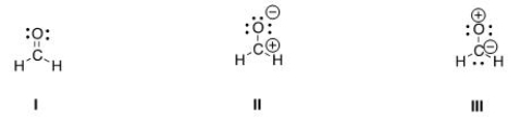 <sup> </sup>Rank the following in order of decreasing importance as contributing structures to the resonance hybrid of formaldehyde, H<sub>2</sub>CO.   A) I > II > III B) I > III > II C) II > I > III D) III > II > I