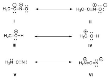 Which is more important in each pair of contributing resonance structures?   A) II, IV, V B) II, III, V C) II, III, VI D) I, IV, V