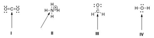 Determine the geometry around the indicated atom in each species.   A) I = Linear; II = tetrahedral; III = trigonal planar; IV = tetrahedral B) I = Linear; II = tetrahedral; III = trigonal planar; IV = linear C) I = Trigonal planar; II = linear; III = tetrahedral; IV = trigonal planar D) I = Tetrahedral; II = trigonal planar; III = linear; IV = tetrahedral