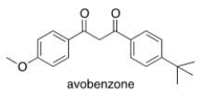 <sup> </sup>Avobenzone is an active ingredient in some common sunscreens.Which of the following is the correct molecular formula for avobenzone?   A) C<sub>22</sub>O<sub>22</sub>O<sub>3</sub> B) C<sub>20</sub>H<sub>22</sub>O<sub>3</sub> C) C<sub>21</sub>H<sub>23</sub>O<sub>3</sub> D) C<sub>20</sub>H<sub>24</sub>O<sub>3</sub>