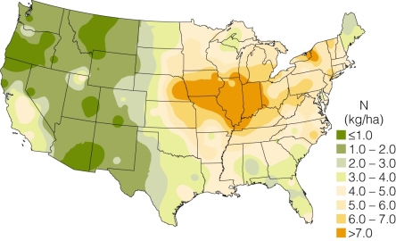   Which area has the highest nitrogen deposition? A) East Coast B) West Coast C) South D) Midwest