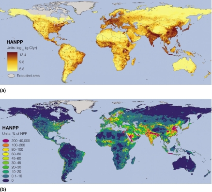   Which region represents the highest HANPP as a percentage of local NPP? A) Australia B) Canada C) South America D) India