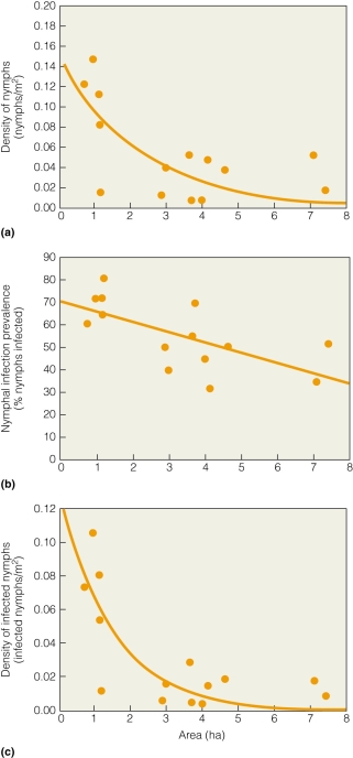   Which of the following factors is most strongly reduced with increased forest size? A) density of nymphs B) percent nymphs infected C) density of infected nymphs D) density of deer infected