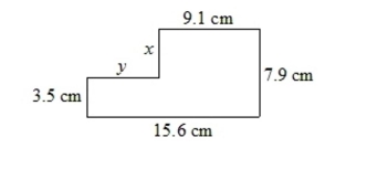 Find the length of the sides labeled x and y. Then find the perimeter.  