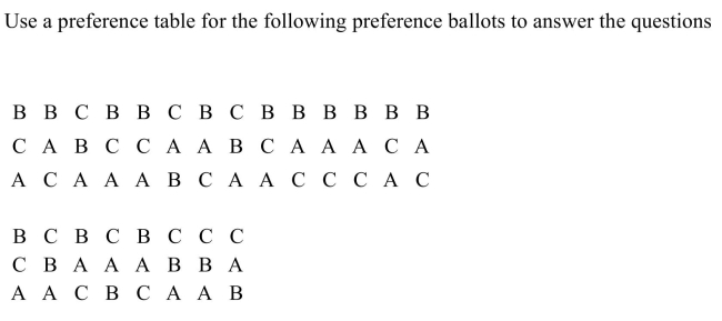 (a) How many people voted? (b) How many people voted for the candidates in the order of preference BCA? (c) How many people voted for candidate B for their first choice?