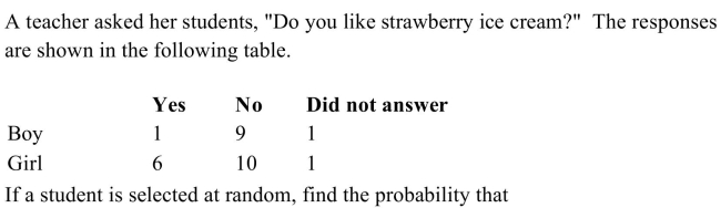   (a) the student did not answer the question. (b) the student is a girl or answered No. (c) the student is a boy or answered Yes.<div style=padding-top: 35px> 