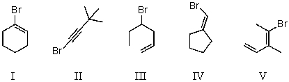 Which compound is not a constitutional isomer of the others?   A)  I and II B)  II C)  III D)  IV and V E)  All of the above are isomers of each other.