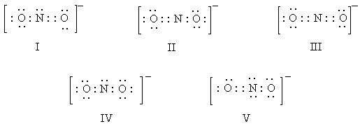 Which of these is a correct electron-dot representation of the nitrite ion,NO<sub>2</sub><sup>-</sup>?   A)  I B)  II C)  III D)  IV E)  V