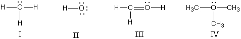 In which structure(s) below does the oxygen have a formal charge of +1?   s A)  I only B)  II only C)  I and III D)  I and IV E)  I,III,and IV