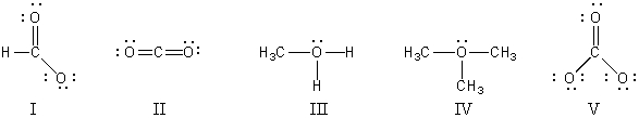 Which structure(s) contain(s) an oxygen that bears a formal charge of +1?   A)  I and II B)  III and IV C)  V D)  II E)  I and V