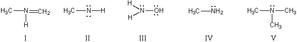 In which structure(s) below does nitrogen have a formal charge of +1?   A)  I B)  II and IV C)  III and V D)  I and V E)  V