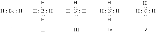 Listed below are electron dot formulas for several simple molecules and ions.All valence electrons are shown;however,electrical charges have been omitted deliberately.   Which of the structures actually bear(s) a positive charge? A)  I B)  II C)  III D)  III & V E)  IV & V