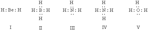 Listed below are electron dot formulas for several simple molecules and ions.All valence electrons are shown;however,electrical charges have been omitted deliberately.   Which of the structures is negatively charged? A)  I B)  II C)  III D)  IV E)  V