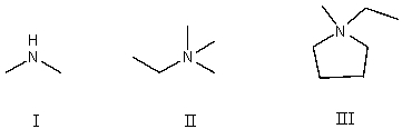 Which compound contains a nitrogen atom with a formal positive charge?   A)  I B)  II C)  III D)  More than one of the above E)  None of the above