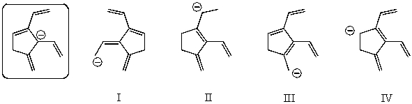 Which of the following species is/are not a resonance form(s) of the species in the box?   A)  I B)  II C)  III D)  IV E)  More than two of them are incorrect resonance forms.
