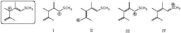 Which of the following species is/are not a resonance form(s) of the species in the box?   A)  I B)  II C)  III D)  IV E)  More than two of them are incorrect resonance forms.