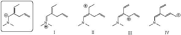 Which of the following species is/are not a resonance form(s) of the species in the box?   A)  I and II B)  II and III C)  III and IV D)  I and IV E)  II and IV