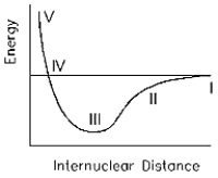 What point on the potential energy diagram below represents the most stable state for the hydrogen molecule?   A)  I B)  II C)  III D)  IV E)  V
