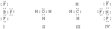 Which of the structures below would be trigonal planar (a planar triangle) ? (Electrical charges have been deliberately omitted. )    A)  I B)  II C)  III D)  IV E)  I and IV