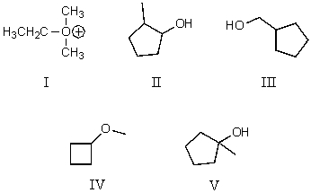 Which compound is a tertiary alcohol?   A)  I B)  II C)  III D)  IV E)  V