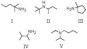 An example of a tertiary amine is:   A)  I B)  II C)  III D)  IV E)  V