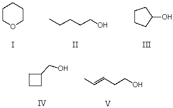 Which compound would have the lowest boiling point?   A)  I B)  II C)  III D)  IV E)  V