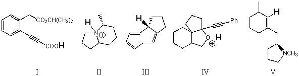 Rank the bold-faced hydrogens for the following compounds from most acidic to least acidic.   A)  I > IV > II > V > III B)  II > I > IV > V > III C)  V > III > II > I > IV D)  IV > I > II > V > III E)  IV > II > I > V > III