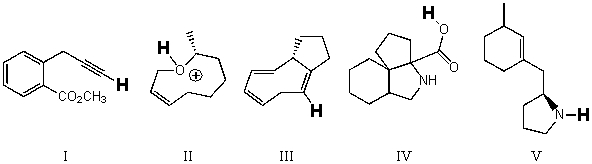 Rank the bold-faced hydrogens for the following compounds from most acidic to least acidic.   A)  I > IV > II > V > III B)  II > IV > I > V > III C)  II > IV > V > I > III D)  IV > I > II > V > III E)  IV > II > I > V > III
