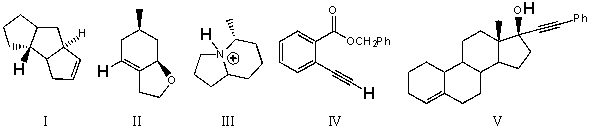 Rank the bold-faced hydrogens for the following compounds from most acidic to least acidic.   A)  III > V > IV > II > I B)  V > IV > III > II > I C)  V > III > IV > II > I D)  III > V > II > IV > I E)  IV > II > I > V > III