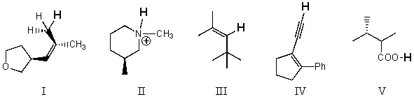 Rank the bold-faced hydrogens for the following compounds from most acidic to least acidic.   A)  I > II > III > IV > V B)  V > IV > II > III > I C)  V > II > IV > III > I D)  II > V > IV > III > I E)  V > IV > III > II > I